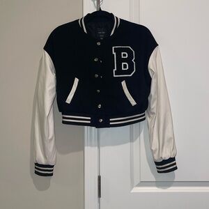 Black & White Crop Top Varsity Button Up Jacket. Medium